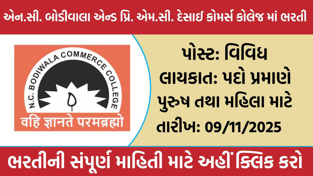N.C. Bodywala & Pr. M.C. Desai Commerce College Recruitment
